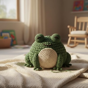 May include: A large, handmade green crochet frog with a beige belly, resting on a cream-colored blanket. The frog has large, round eyes and a smiling mouth. The soft toy is a charming decorative item.