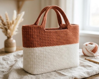 Color Block Crochet Handbag Pattern, T-Shirt Yarn Tote Amigurumi Tutorial (PDF Download)
