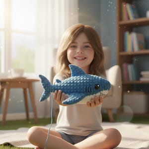 May include: A blue crocheted shark toy with white accents, held by a person. The shark has a textured pattern, a fin, and a smiling mouth. The toy is approximately 12 inches long.