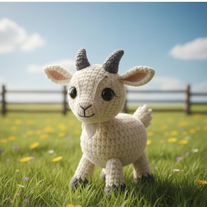 May include: A crocheted goat figurine with a cream-colored body, black horns, and large, expressive eyes. The goat is standing in a field of green grass dotted with yellow and purple flowers, with a wooden fence and blue sky in the background.