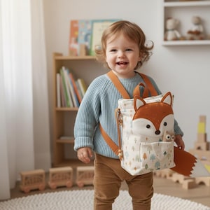 Puede incluir: Un niño con un suéter azul claro y pantalones marrones sonríe mientras sostiene una mochila con forma de zorro. La mochila es de color crema con un estampado de bosque y una cara y cola de zorro marrón. Un búho está en el bolsillo delantero.