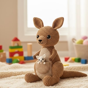 May include: A crocheted kangaroo toy in shades of brown, with a smaller white joey in its pouch. The kangaroo has large, round eyes and a smiling expression. The toy is sitting on a cream-coloured surface.