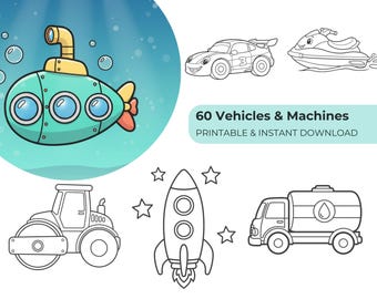 60 Vehicle Coloring Pages for Kids, Transportation Coloring Book, Printable PDF, Instant Download
