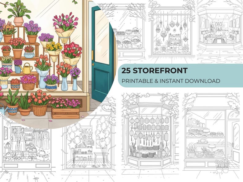 25 Storefront Coloring Pages for Adults, Cozy Shop Windows Coloring ...