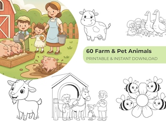 60 pagine da colorare sulla fattoria per bambini, libro da colorare sugli animali della fattoria, PDF stampabile, download immediato