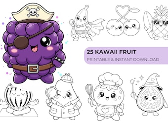 25 Kawaii Fruit Coloring Pages for kids, Cute Food Coloring Book, Printable PDF, Instant Download