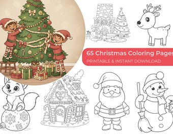65 Christmas Coloring Pages for Kids, Christmas Coloring Book for Kids, Printable PDF, Instant Download