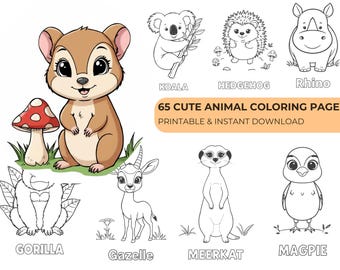 65 Animal Coloring Pages for Kids, Cute Animals Coloring Book, Printable PDF, Instant Download