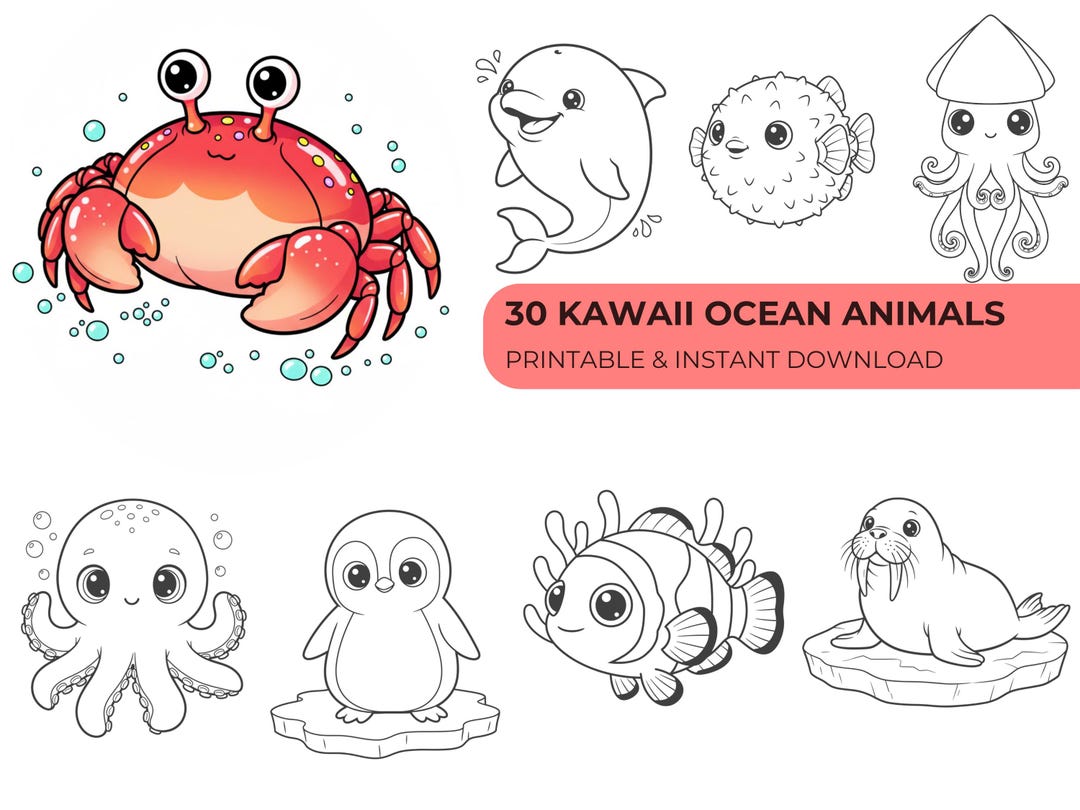 30 Ocean Animals Coloring Pages for Kids, Cute Sea Creatures Coloring ...