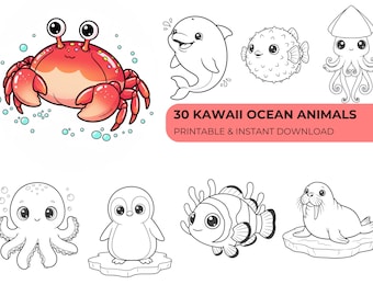 30 Ocean Animals Coloring Pages for Kids, Cute Sea Creatures Coloring Book, Printable PDF, Instant Download