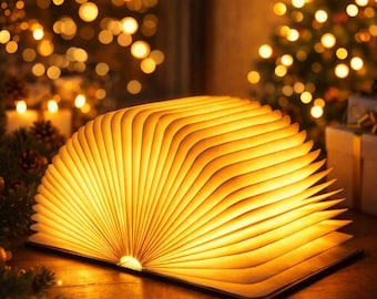 LED Wooden Book Lamp – USB Foldable Night Light | Creative Bedside Light for Bedroom or Kids | Birthday Holiday Gift for Book Lovers