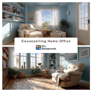 Könnte beinhalten: Ein hellblaues Homeoffice oder Wohnzimmer mit natürlichem Licht. Der Raum verfügt über einen beigen Sessel, Holzböden und Bücherregale. Der Text "Counselling Home Office" wird zusammen mit dem Logo "Pro Backgrounds" angezeigt.