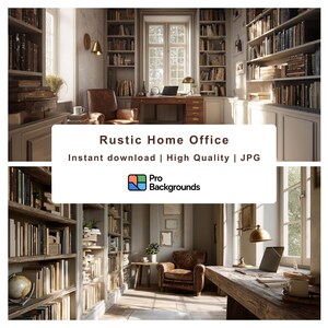 May include: A rustic home office scene with bookshelves, a desk, and a leather chair. The image features the text "Rustic Home Office" and "Instant download | High Quality | JPG". The room is filled with natural light.