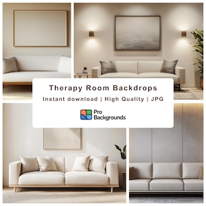 May include: A collage of four interior design scenes featuring neutral-toned sofas, artwork, and wall sconces. The image includes text that reads "Therapy Room Backdrops" and "Pro Backgrounds". The overall aesthetic is minimalist and modern.