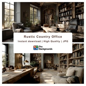May include: A digital image of a rustic country office with a large wooden desk, bookshelves, and a comfortable armchair. The image includes the text "Rustic Country Office" and "Pro Backgrounds". The room has large windows and a warm, inviting atmosphere.