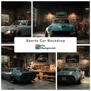 Può includere: Un collage di immagini con un'auto sportiva vintage color turchese in un'ambientazione da garage. L'auto è il punto focale, con dettagli come i fari e il design della carrozzeria visibili. Lo sfondo include attrezzi, banchi da lavoro e il testo "Sports Car Backdrop" e "Pro Backgrounds".