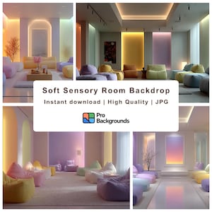 May include: A collection of images showcasing soft sensory room backdrops. The rooms feature beanbag chairs in various pastel colors, including yellow, pink, and purple. The text on the image reads "Soft Sensory Room Backdrop" and "Pro Backgrounds".