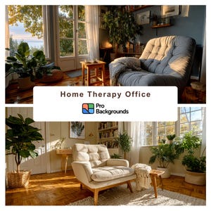 May include: A cozy, sunlit room with a large, tufted gray sofa and a cream-colored armchair. The room features indoor plants, wooden furniture, and the text "Home Therapy Office" with the "Pro Backgrounds" logo.