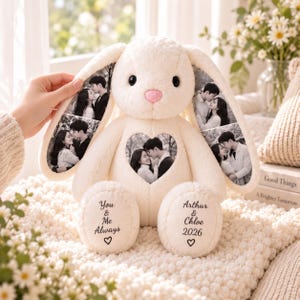 Lapin en peluche personnalisé pour un anniversaire, peluche photo personnalisée, souvenir de la Saint-Valentin, peluche souvenir d'anniversaire