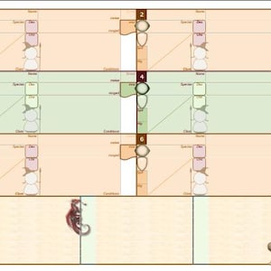 May include: A game board with six rectangular sections, each featuring a grid for character information. The sections are in shades of orange and green. A red dragon illustration is on the bottom left, and a stone-like icon is on the bottom right.