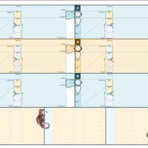 May include: A game board with six rectangular sections, each with a grid for entering data. The sections are in blue and yellow, with a border. A red dragon and a compass rose are in the lower section. The board is designed for a tabletop game.