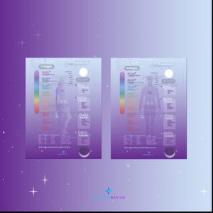 May include: Two purple posters with a gradient background. Each poster features a color spectrum, text, and a human figure. The text includes "Solfeggio", "Preview", and "Alpha". The bottom of the posters have the text "NATIVE".