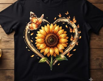 Sunflower Heart Butterfly PNG, Monarch Butterfly Floral Wreath Sublimation Design, Golden Sunflower Clipart, Watercolor Flower PNG for Women