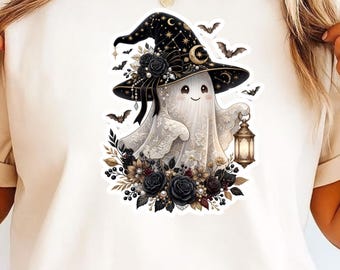 Halloween Ghost PNG, Cute Witch Hat Ghost Design, Gothic Floral Lantern Art, Elegant Fall Shirt, Spooky Season Digital Download