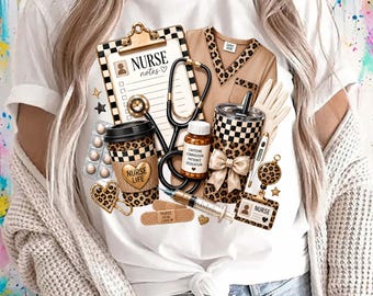 Nurse Life PNG, Leopard Checkered Nurse Design, Stethoscope Coffee Clipart, Nurse Appreciation Shirt, Medical Digital Download