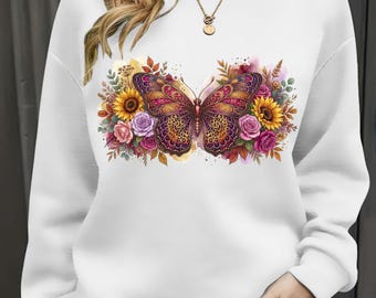 Floral Butterfly Clipart Png, Watercolor Sunflower Rose Design, Boho Wing Art, Leopard Pattern Sublimation, Boutique Print Download