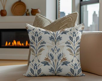 Damask neutral pillow cover case, taupe navy cushion, cream and blue, hidden zipper case