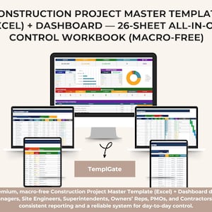 Puede incluir: Presentación de un producto digital con una plantilla maestra de proyecto de construcción. La imagen muestra una computadora, computadoras portátiles y tabletas que muestran hojas de cálculo y gráficos. El texto incluye "Construction Project Master Template" y "TemplGate".