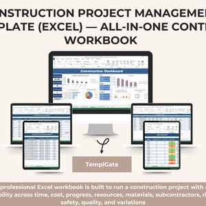 Puede incluir: Plantilla de libro de trabajo de Excel profesional para la gestión de proyectos de construcción, que se muestra en varios dispositivos. La imagen muestra un panel de control de construcción y otros datos del proyecto. El texto dice: Construction Project Management Template (Excel) - All-in-One Control Workbook.