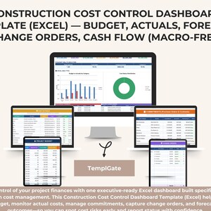 Puede incluir: Una imagen de una plantilla de panel de control de control de costos de construcción (Excel). La imagen muestra múltiples dispositivos que muestran datos financieros, incluida información sobre el presupuesto, los datos reales y el flujo de caja. El texto dice "Construction Cost Control Dashboard Template (Excel)".