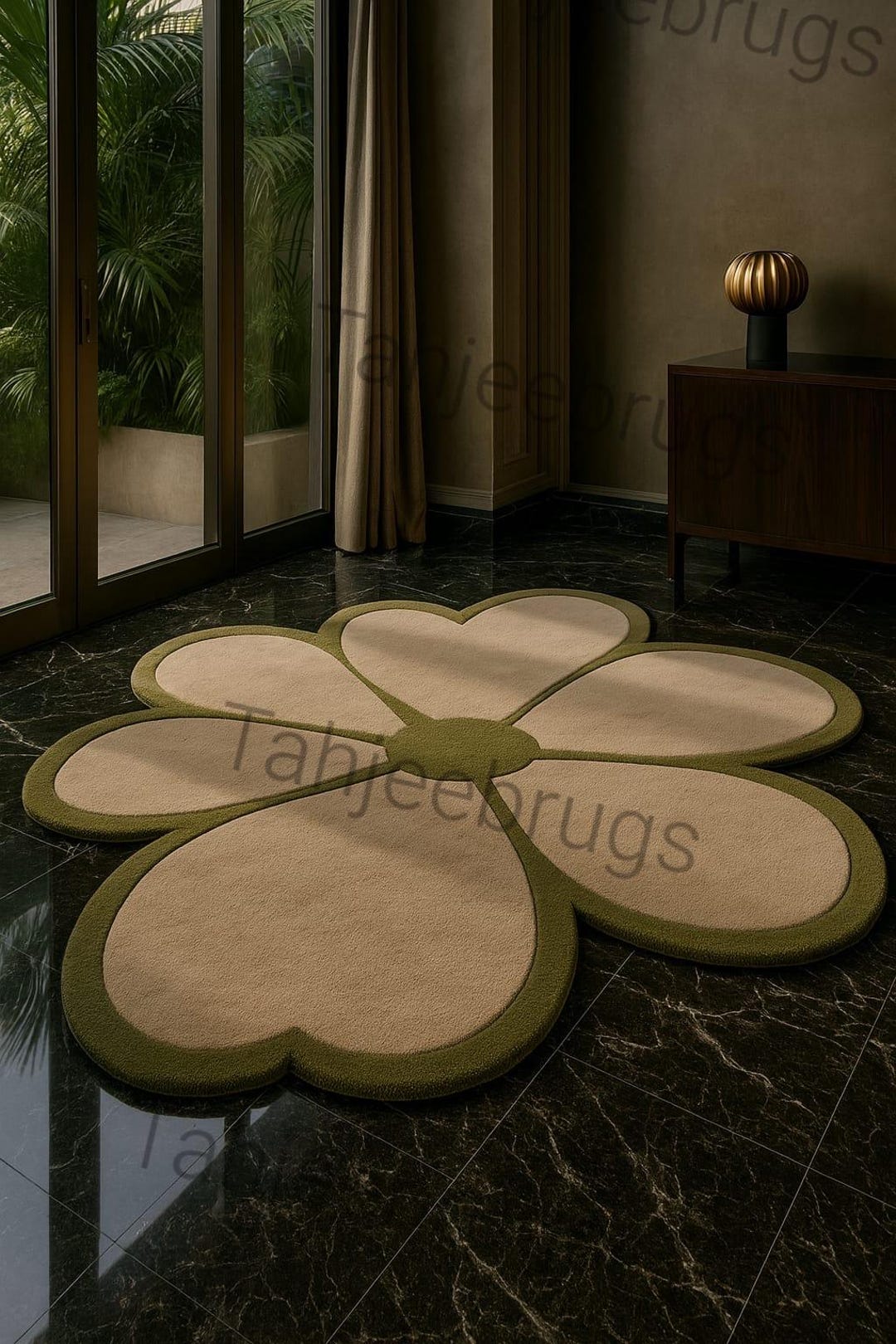 Hand Tufted Wool Flower Rug, Beige & Olive Green, Modern Floral Carpet ...
