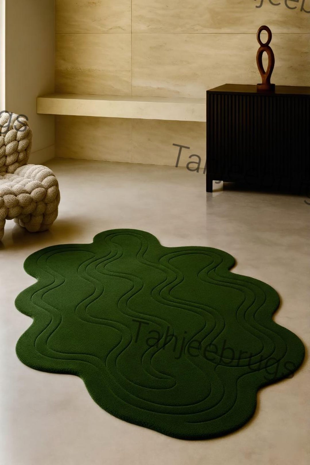 Hand Tufted Organic Wool Rug, Abstract Green Wavy Carpet - Etsy