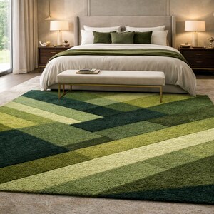 May include: A geometric area rug with a pattern of green and light green angled stripes. The rug is placed in a bedroom with a bed, bench, and nightstands. The rug's dimensions are not visible.