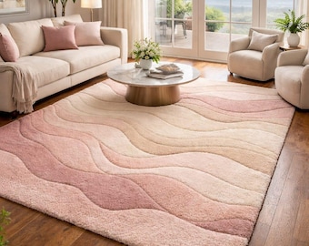 Alfombra de lana tejida a mano con diseño de ondas en rosa rubor, alfombra abstracta suave y mullida.