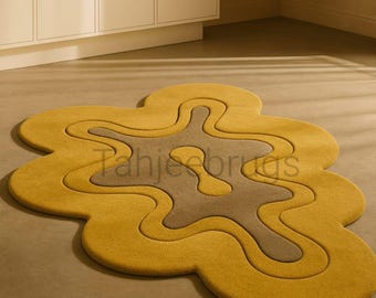 Hand Tufted Wool Rug, Mustard Yellow Abstract Organic Shape, Modern Sculpted Carpet