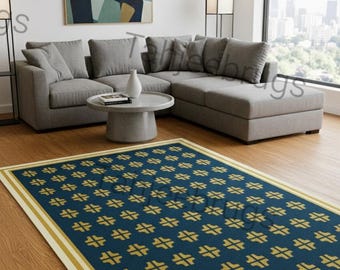 Modern Blue & Gold Geometric Pattern Area Rug - Handcrafted Luxury Living Room Carpet