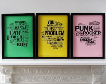 The Punk Rock Collection of Limited Letterpress Prints,  inspired by the music of The Sex Pistols, The Clash & The Ramones.