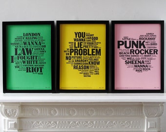 The Punk Rock Collection of Limited Letterpress Prints,  inspired by the music of The Sex Pistols, The Clash & The Ramones.