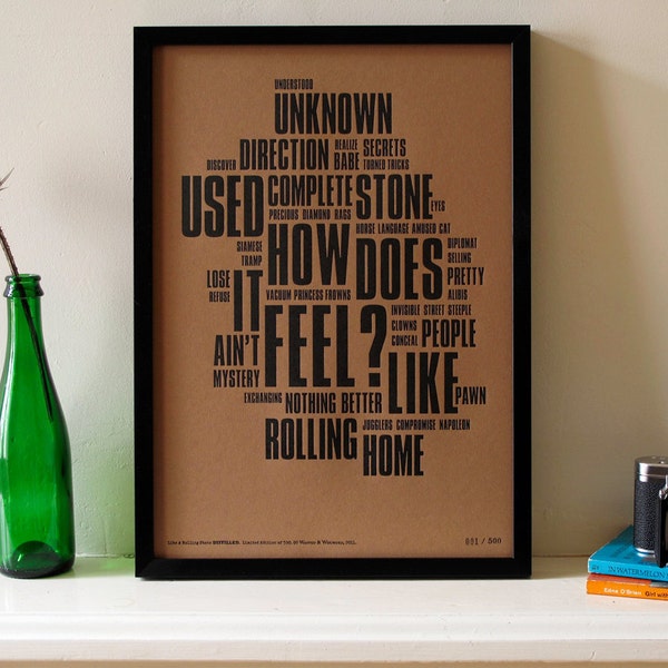 Bob Dylan - Like A Rolling Stone Distilled. Limited Edition Letterpress A3 Poster Print.