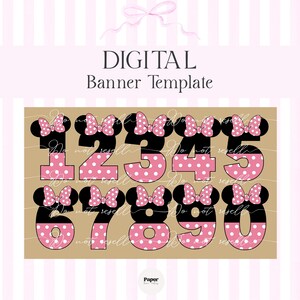 Puede incluir: Plantilla de banner digital con los n&uacute;meros 1-0 en un tema de Minnie Mouse. Cada n&uacute;mero es negro con un dise&ntilde;o de lunares rosas y un lazo a juego. Las palabras "DIGITAL Banner Template" est&aacute;n en la parte superior.