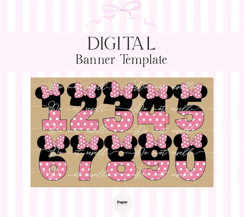 Puede incluir: Plantilla de banner digital con los n&uacute;meros 1-0 en un tema de Minnie Mouse. Cada n&uacute;mero es negro con un dise&ntilde;o de lunares rosas y un lazo a juego. Las palabras "DIGITAL Banner Template" est&aacute;n en la parte superior.