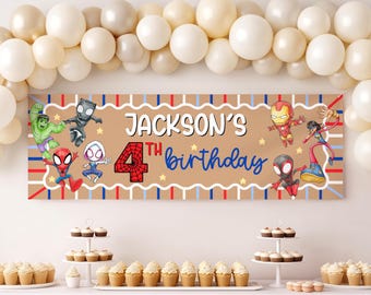 Plantilla de pancarta de cumpleaños de Spider-Man, pancarta editable en Canva, letrero de cumpleaños de superhéroes, impresión de 2x6 pulgadas de Walgreens, decoración para fiestas, descarga digital.