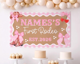 Girls Pink First Rodeo Birthday Banner, Gingham Cowboy Boots, Watercolor Party Decoration (Digital Download)