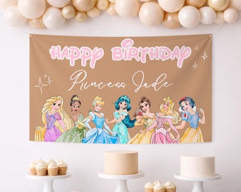 Sjabloon voor spandoek prinsesverjaardag | Bewerkbaar canvasontwerp | Zelfgemaakt bord 60 x 36 | Direct downloaden