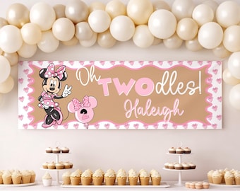 PRINTABLE 2x6 Minnie Mouse Oh TWOdles Birthday Banner template - Digital Download Editable on Canva
