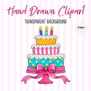 Puede incluir: Una ilustración digital dibujada a mano de un pastel de cumpleaños de tres niveles sobre un soporte rosa con un gran lazo rosa. El pastel presenta capas amarillas, rosas y azules con chispas de colores y tres velas encendidas. Texto: Hand Drawn Clipart.